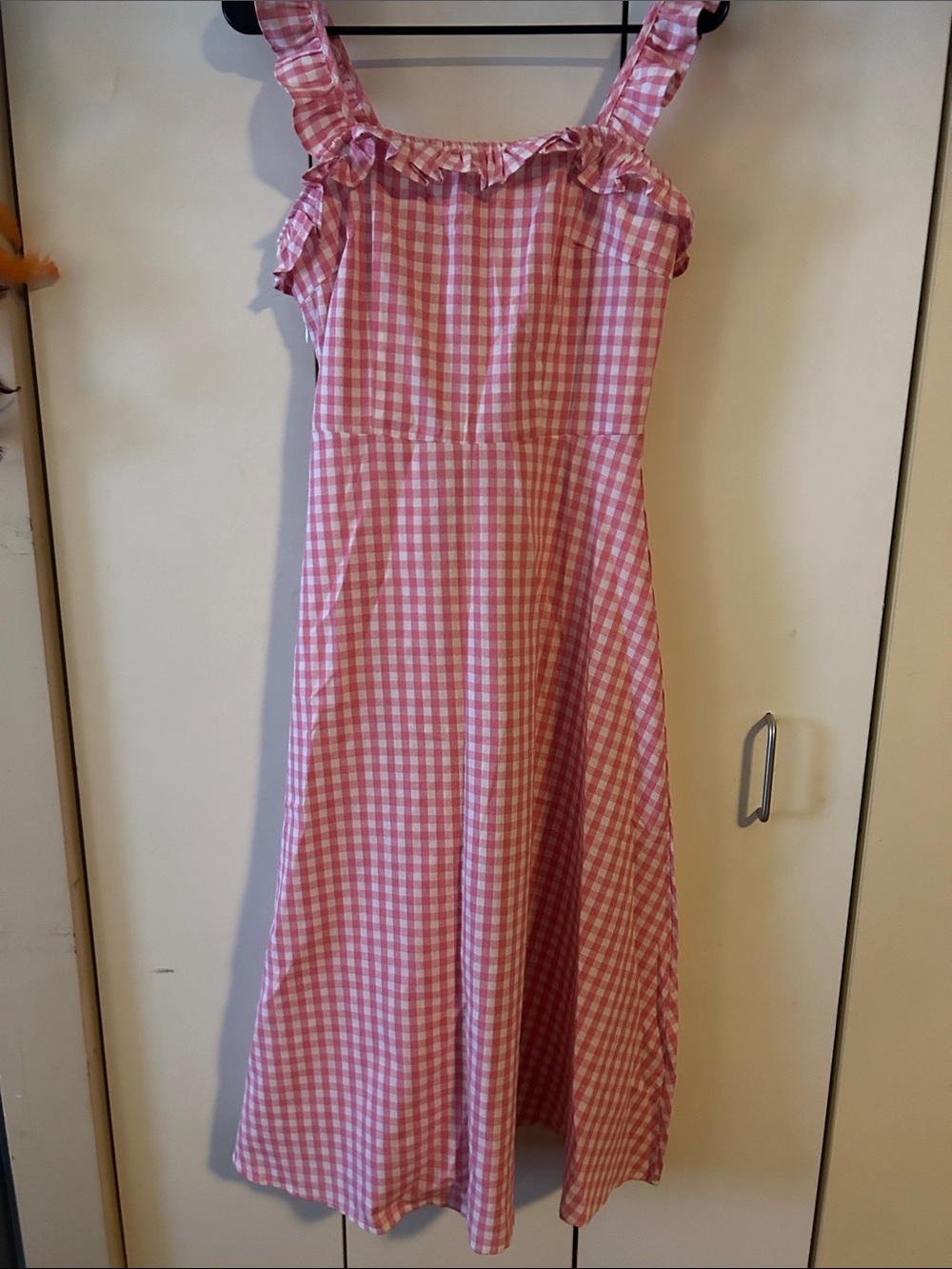 SHEIN Pink Gingham Ruffle Strap Midi Dress